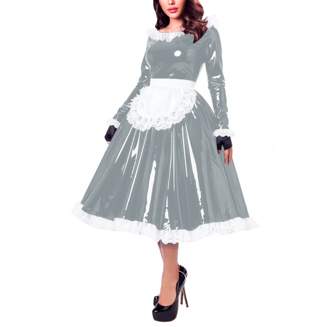 Glossy Patent Leather French Maid Midi Dress with Apron Lace Ruffle Trim Long Sleeve Shiny PVC Party Cosplay Outfit Crossdresser