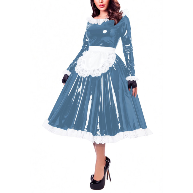 Glossy Patent Leather French Maid Midi Dress with Apron Lace Ruffle Trim Long Sleeve Shiny PVC Party Cosplay Outfit Crossdresser