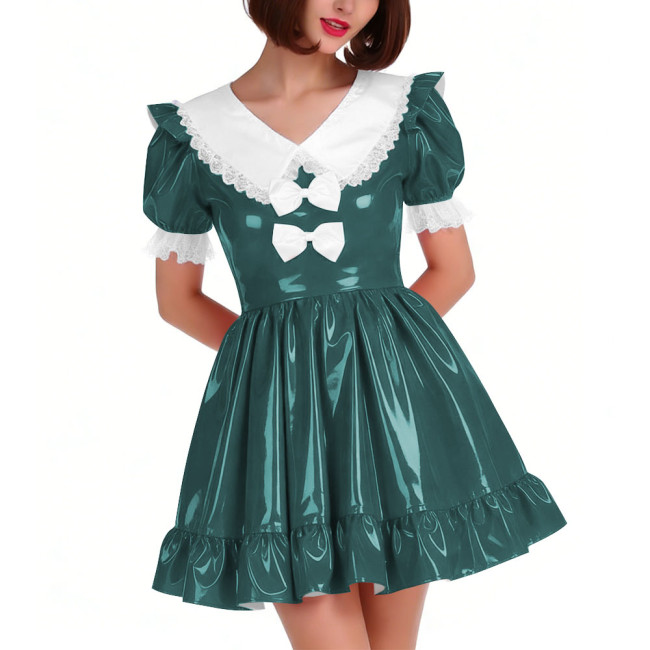 Cute PVC Shiny Leather Pleated Mini Dress Women Puff Sleeve Preppy Style Lace Ruffles Short Dress Sissy Halloween Cosplay Outfit