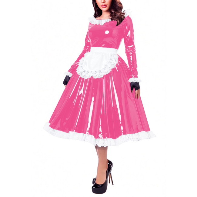 Glossy Patent Leather French Maid Midi Dress with Apron Lace Ruffle Trim Long Sleeve Shiny PVC Party Cosplay Outfit Crossdresser