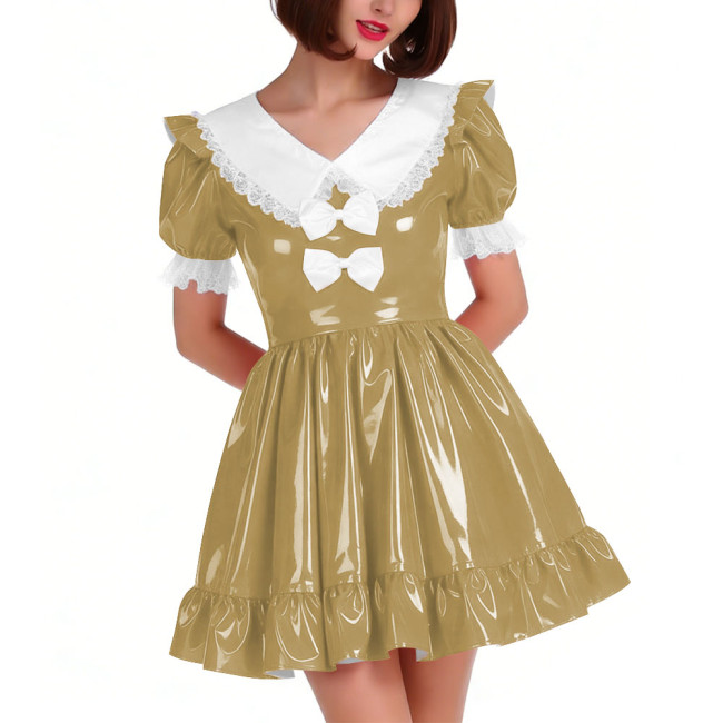 Cute PVC Shiny Leather Pleated Mini Dress Women Puff Sleeve Preppy Style Lace Ruffles Short Dress Sissy Halloween Cosplay Outfit