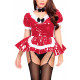 Classic Sexy Sissy Pleated Mini Maid Dress Outfits Puff Sleeve PVC Bodysuit Dress with Garter Belt Themed Party Cosplay Uniform