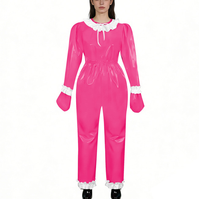 Lockable Shiny PVC Leather Ruffles Trim Romper Elastic Waist Long Sleeve Gloved One-piece Jumpsuit Unisex Fetish Cosplay Outfit