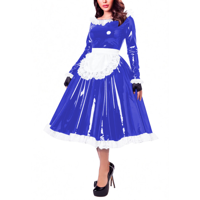 Glossy Patent Leather French Maid Midi Dress with Apron Lace Ruffle Trim Long Sleeve Shiny PVC Party Cosplay Outfit Crossdresser