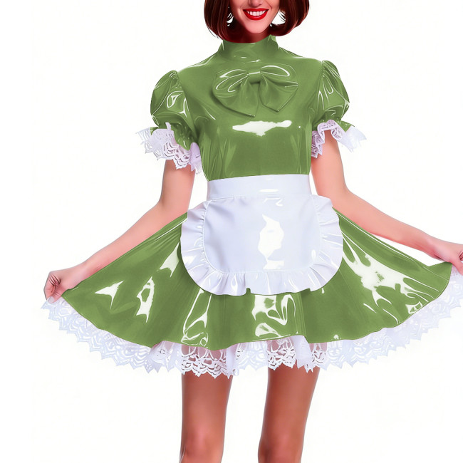 Women's Shiny PVC Pleated Mini Maid Dress with Apron Puff Short Sleeve Lace Trim French Maid Uniforms Raves Party Cosplay Outfit