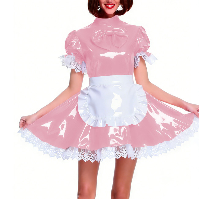 Women's Shiny PVC Pleated Mini Maid Dress with Apron Puff Short Sleeve Lace Trim French Maid Uniforms Raves Party Cosplay Outfit