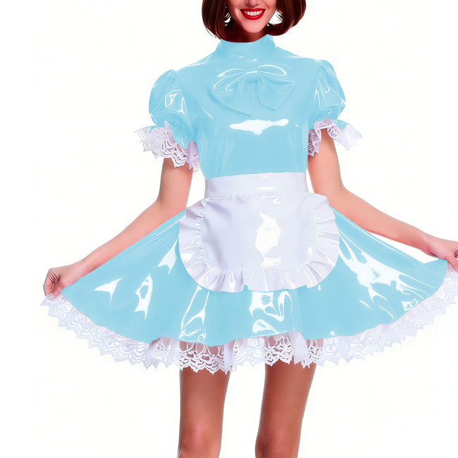 Women's Shiny PVC Pleated Mini Maid Dress with Apron Puff Short Sleeve Lace Trim French Maid Uniforms Raves Party Cosplay Outfit