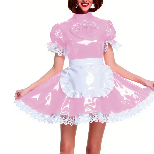 Women's Shiny PVC Pleated Mini Maid Dress with Apron Puff Short Sleeve Lace Trim French Maid Uniforms Raves Party Cosplay Outfit