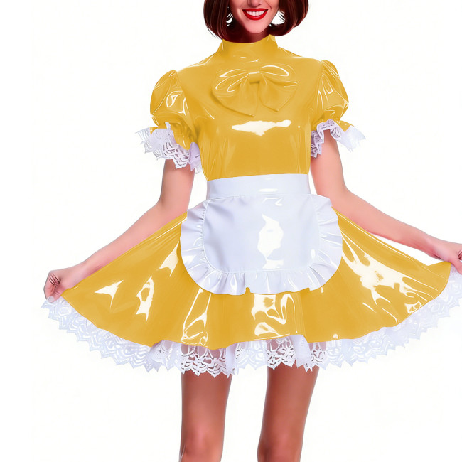 Women's Shiny PVC Pleated Mini Maid Dress with Apron Puff Short Sleeve Lace Trim French Maid Uniforms Raves Party Cosplay Outfit