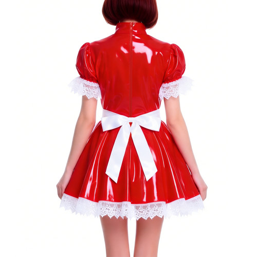Women's Shiny PVC Pleated Mini Maid Dress with Apron Puff Short Sleeve Lace Trim French Maid Uniforms Raves Party Cosplay Outfit