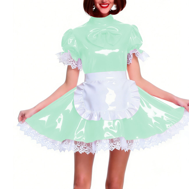 Women's Shiny PVC Pleated Mini Maid Dress with Apron Puff Short Sleeve Lace Trim French Maid Uniforms Raves Party Cosplay Outfit