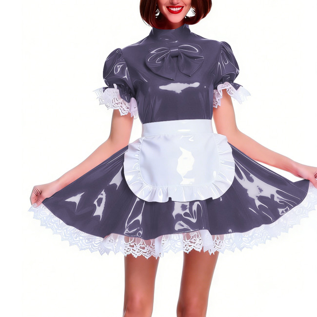 Women's Shiny PVC Pleated Mini Maid Dress with Apron Puff Short Sleeve Lace Trim French Maid Uniforms Raves Party Cosplay Outfit