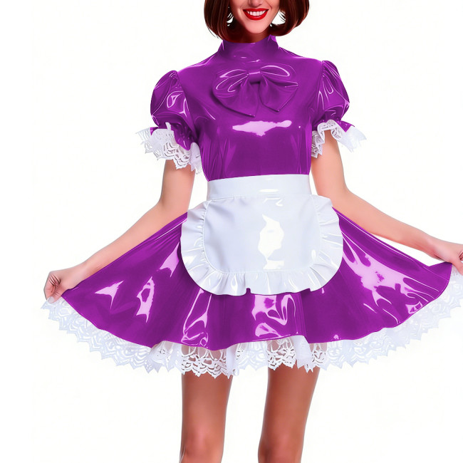 Women's Shiny PVC Pleated Mini Maid Dress with Apron Puff Short Sleeve Lace Trim French Maid Uniforms Raves Party Cosplay Outfit