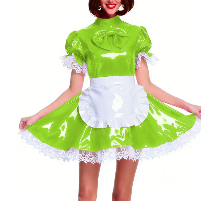 Women's Shiny PVC Pleated Mini Maid Dress with Apron Puff Short Sleeve Lace Trim French Maid Uniforms Raves Party Cosplay Outfit