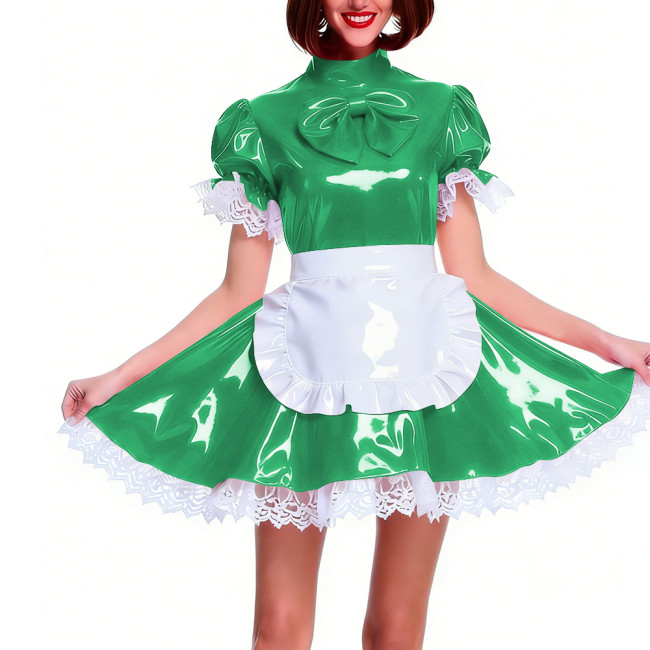 Women's Shiny PVC Pleated Mini Maid Dress with Apron Puff Short Sleeve Lace Trim French Maid Uniforms Raves Party Cosplay Outfit
