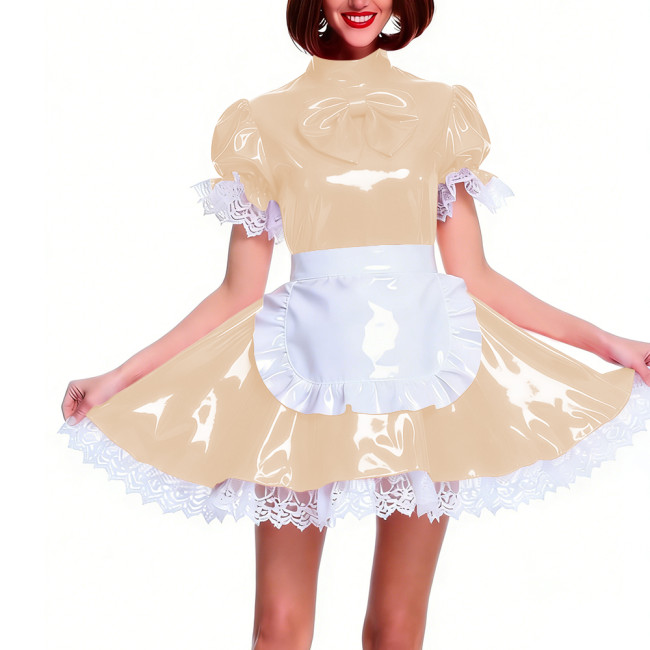 Women's Shiny PVC Pleated Mini Maid Dress with Apron Puff Short Sleeve Lace Trim French Maid Uniforms Raves Party Cosplay Outfit