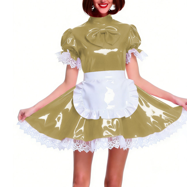 Women's Shiny PVC Pleated Mini Maid Dress with Apron Puff Short Sleeve Lace Trim French Maid Uniforms Raves Party Cosplay Outfit