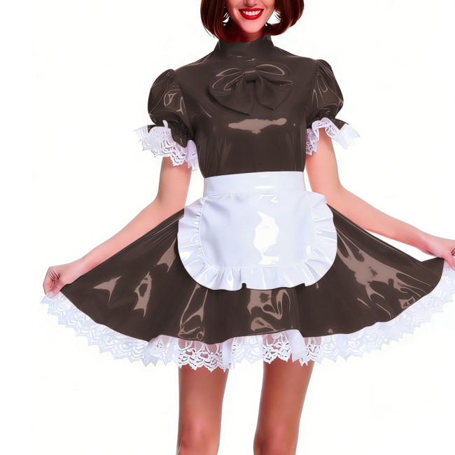 Women's Shiny PVC Pleated Mini Maid Dress with Apron Puff Short Sleeve Lace Trim French Maid Uniforms Raves Party Cosplay Outfit