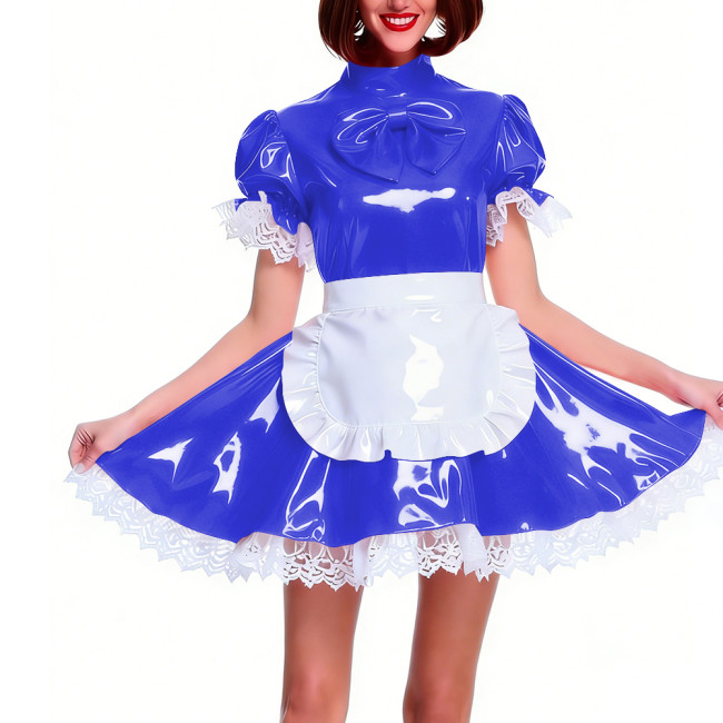 Women's Shiny PVC Pleated Mini Maid Dress with Apron Puff Short Sleeve Lace Trim French Maid Uniforms Raves Party Cosplay Outfit