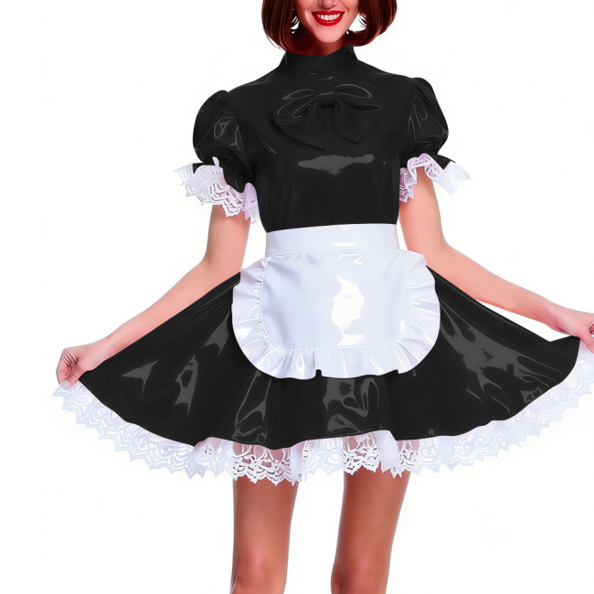 Women's Shiny PVC Pleated Mini Maid Dress with Apron Puff Short Sleeve Lace Trim French Maid Uniforms Raves Party Cosplay Outfit