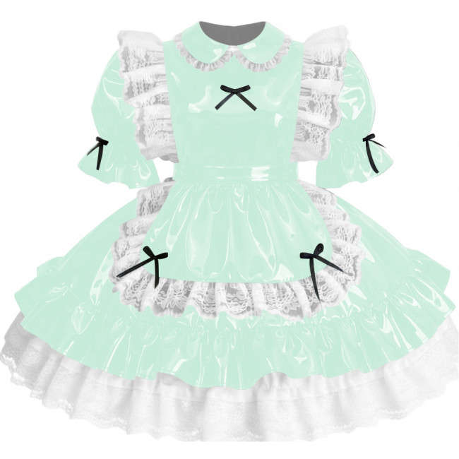 Womens Sissy Ruffles PVC Shiny Leather Maid Mini Dress Outfit Unisex Party Peter Pan Collar Pleated Dress Carnival Fancy Dress