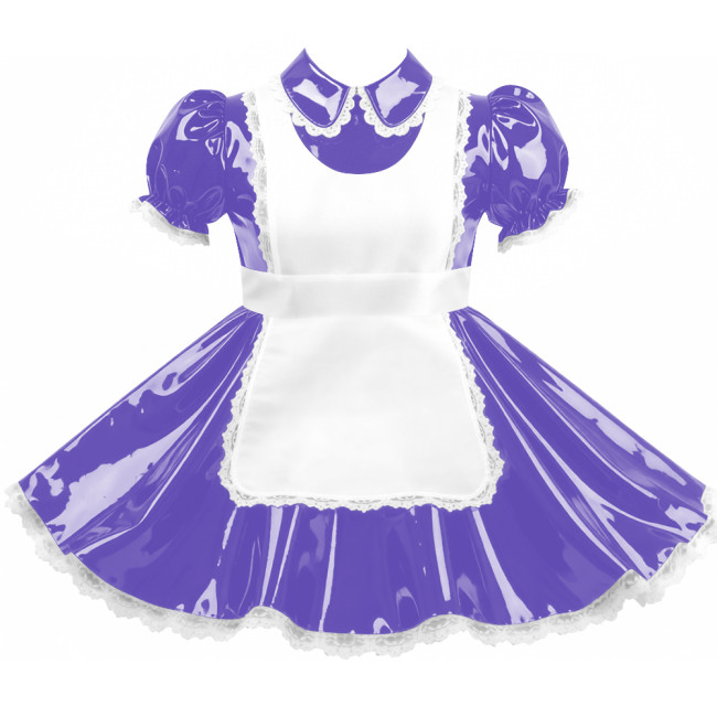 Crossdresser Sissy Shiny Vinyl PVC Leather Maid Outfit Vintage Short Sleeves Apron Maid Dress for Carnival Cosplay Party Sets