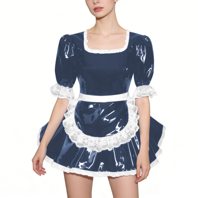 Glossy Half Sleeves PVC French Maid Dress with Apron Womens Square Collar Lace Trim A-line Mini Dress for Cosplay Halloween 7XL