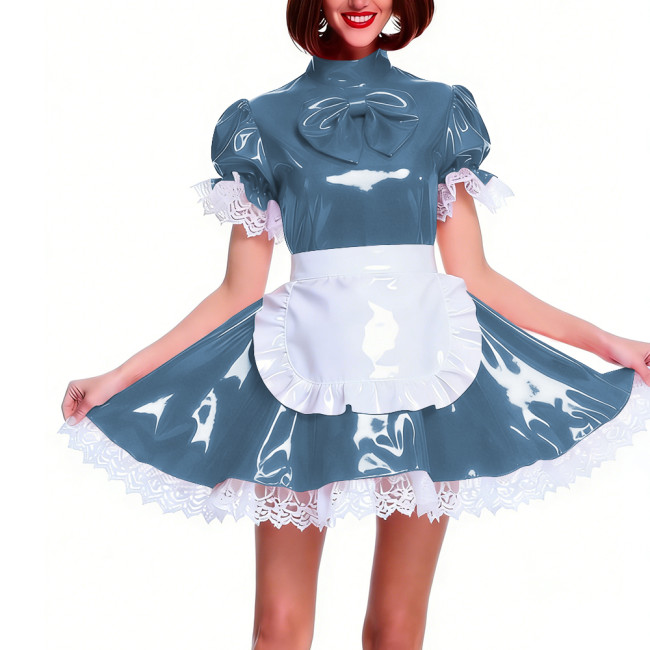 Women's Shiny PVC Pleated Mini Maid Dress with Apron Puff Short Sleeve Lace Trim French Maid Uniforms Raves Party Cosplay Outfit