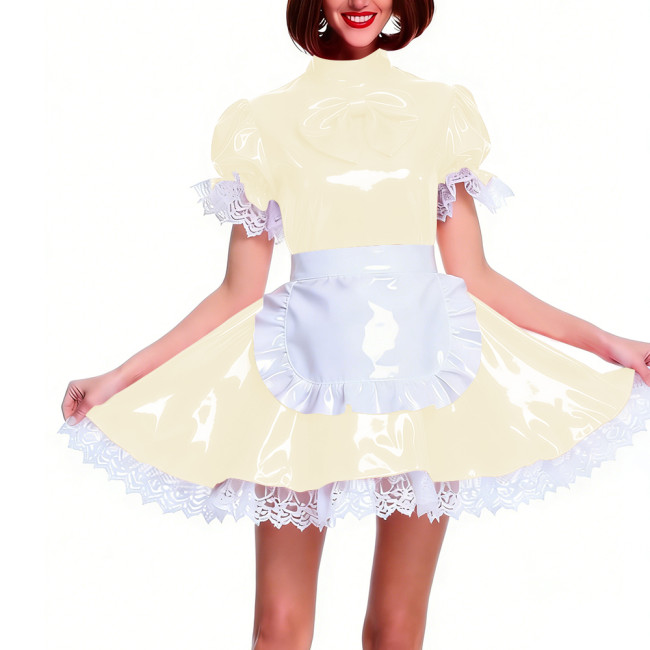 Women's Shiny PVC Pleated Mini Maid Dress with Apron Puff Short Sleeve Lace Trim French Maid Uniforms Raves Party Cosplay Outfit
