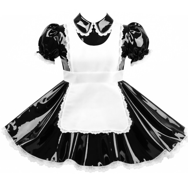 Crossdresser Sissy Shiny Vinyl PVC Leather Maid Outfit Vintage Short Sleeves Apron Maid Dress for Carnival Cosplay Party Sets
