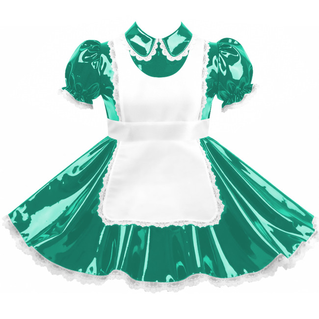 Crossdresser Sissy Shiny Vinyl PVC Leather Maid Outfit Vintage Short Sleeves Apron Maid Dress for Carnival Cosplay Party Sets