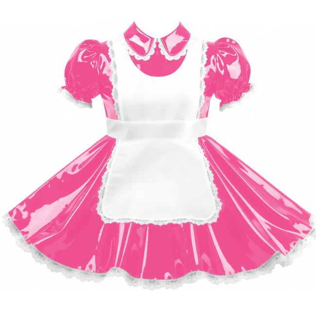 Crossdresser Sissy Shiny Vinyl PVC Leather Maid Outfit Vintage Short Sleeves Apron Maid Dress for Carnival Cosplay Party Sets
