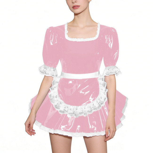 Glossy Half Sleeves PVC French Maid Dress with Apron Womens Square Collar Lace Trim A-line Mini Dress for Cosplay Halloween 7XL