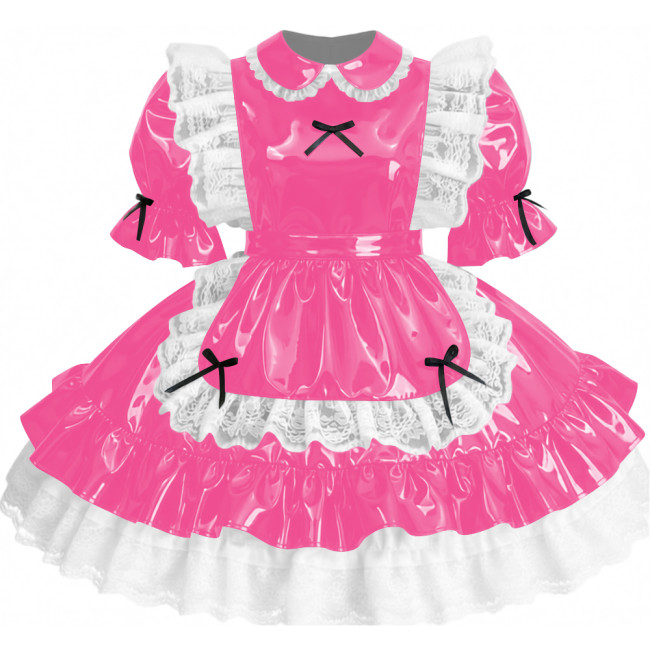 Womens Sissy Ruffles PVC Shiny Leather Maid Mini Dress Outfit Unisex Party Peter Pan Collar Pleated Dress Carnival Fancy Dress