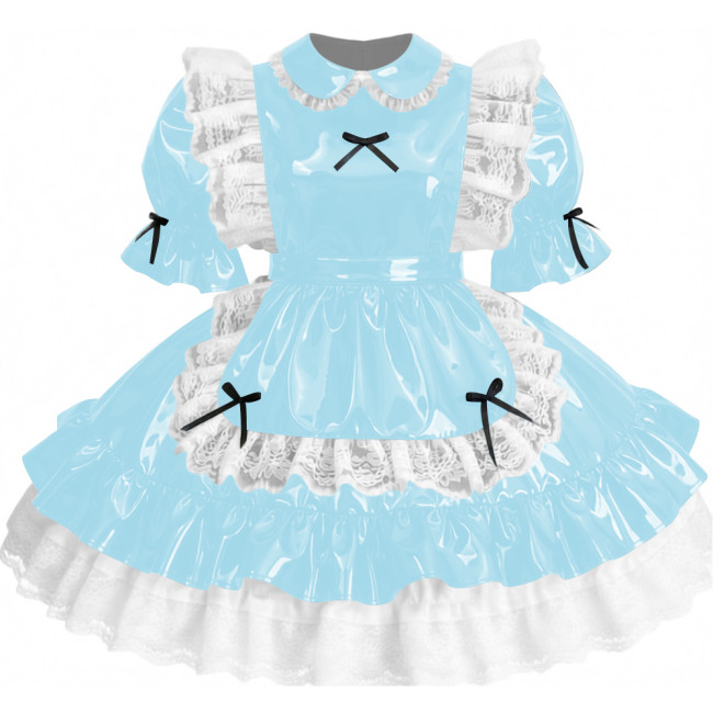 Womens Sissy Ruffles PVC Shiny Leather Maid Mini Dress Outfit Unisex Party Peter Pan Collar Pleated Dress Carnival Fancy Dress