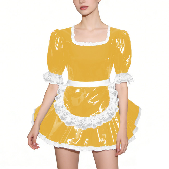 Glossy Half Sleeves PVC French Maid Dress with Apron Womens Square Collar Lace Trim A-line Mini Dress for Cosplay Halloween 7XL