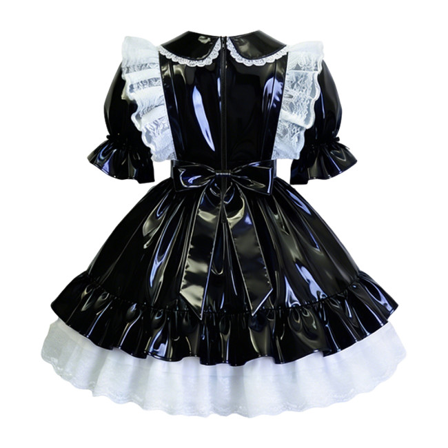 Womens Sissy Ruffles PVC Shiny Leather Maid Mini Dress Outfit Unisex Party Peter Pan Collar Pleated Dress Carnival Fancy Dress