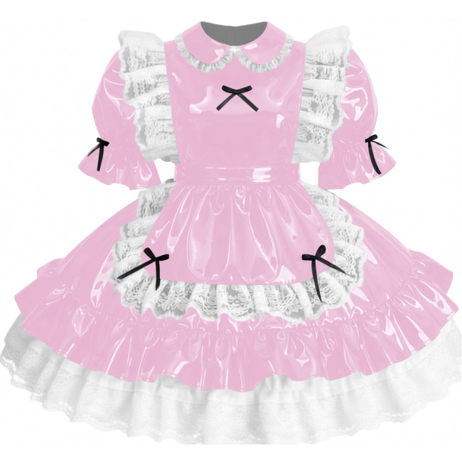 Womens Sissy Ruffles PVC Shiny Leather Maid Mini Dress Outfit Unisex Party Peter Pan Collar Pleated Dress Carnival Fancy Dress