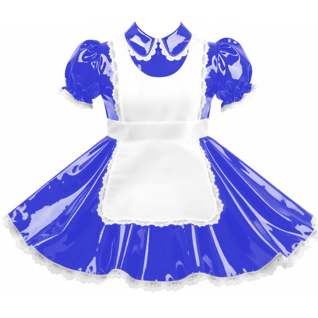 Crossdresser Sissy Shiny Vinyl PVC Leather Maid Outfit Vintage Short Sleeves Apron Maid Dress for Carnival Cosplay Party Sets