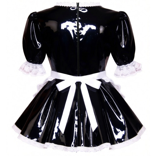 Glossy Half Sleeves PVC French Maid Dress with Apron Womens Square Collar Lace Trim A-line Mini Dress for Cosplay Halloween 7XL