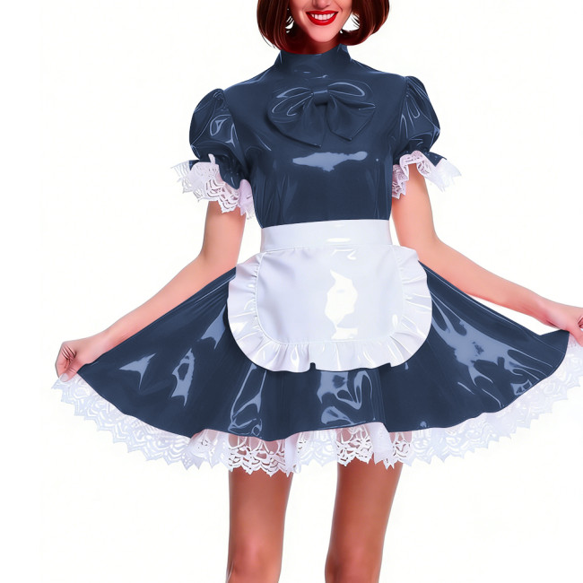 Women's Shiny PVC Pleated Mini Maid Dress with Apron Puff Short Sleeve Lace Trim French Maid Uniforms Raves Party Cosplay Outfit