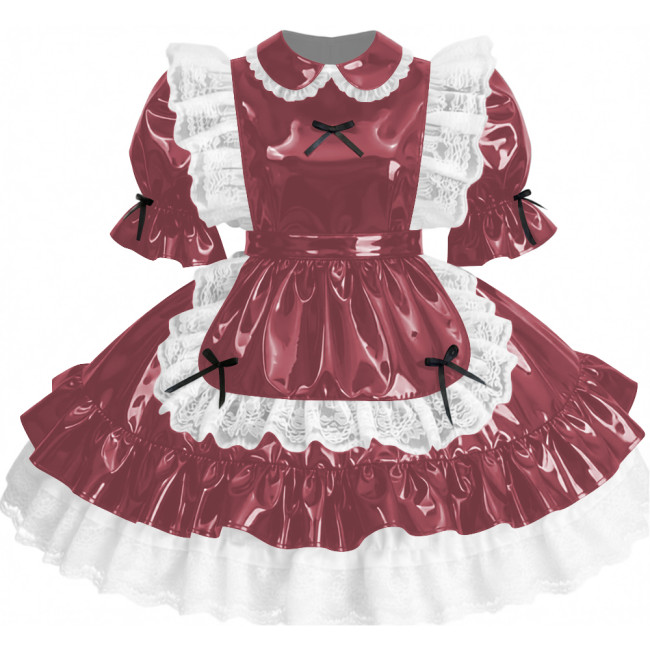 Womens Sissy Ruffles PVC Shiny Leather Maid Mini Dress Outfit Unisex Party Peter Pan Collar Pleated Dress Carnival Fancy Dress