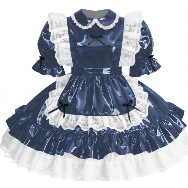 Womens Sissy Ruffles PVC Shiny Leather Maid Mini Dress Outfit Unisex Party Peter Pan Collar Pleated Dress Carnival Fancy Dress