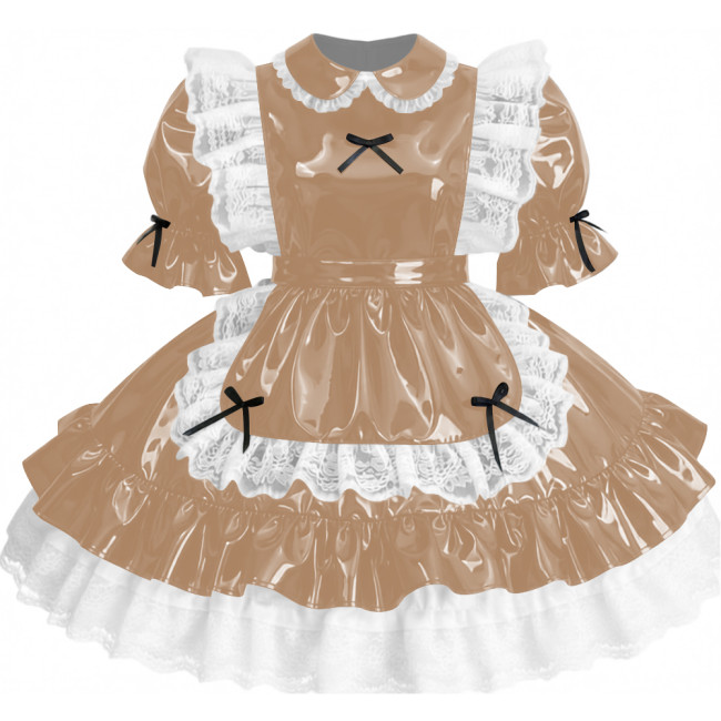 Womens Sissy Ruffles PVC Shiny Leather Maid Mini Dress Outfit Unisex Party Peter Pan Collar Pleated Dress Carnival Fancy Dress