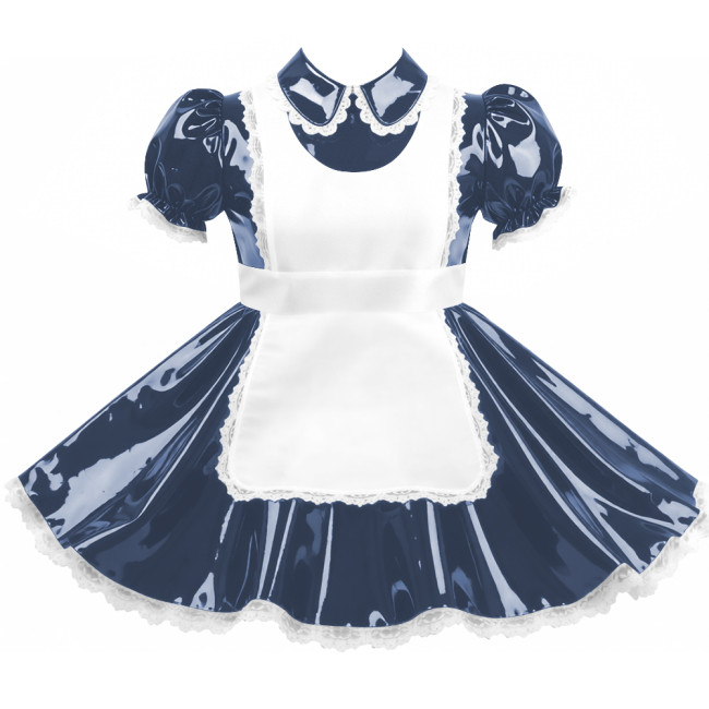 Crossdresser Sissy Shiny Vinyl PVC Leather Maid Outfit Vintage Short Sleeves Apron Maid Dress for Carnival Cosplay Party Sets