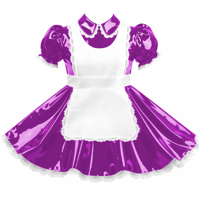 Crossdresser Sissy Shiny Vinyl PVC Leather Maid Outfit Vintage Short Sleeves Apron Maid Dress for Carnival Cosplay Party Sets