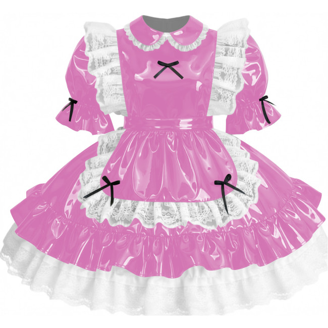 Womens Sissy Ruffles PVC Shiny Leather Maid Mini Dress Outfit Unisex Party Peter Pan Collar Pleated Dress Carnival Fancy Dress