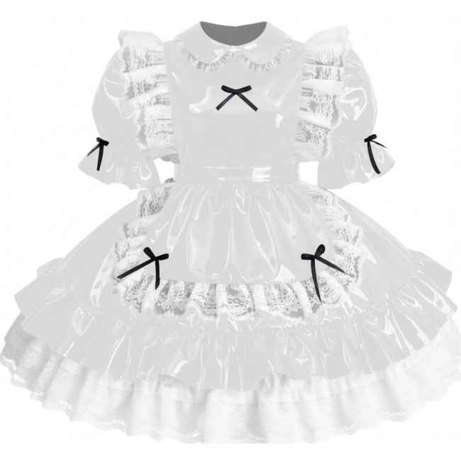 Womens Sissy Ruffles PVC Shiny Leather Maid Mini Dress Outfit Unisex Party Peter Pan Collar Pleated Dress Carnival Fancy Dress