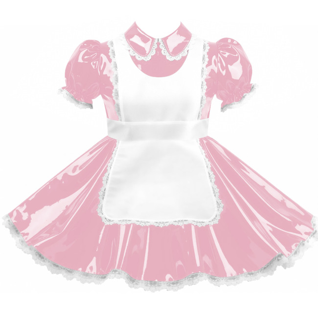 Crossdresser Sissy Shiny Vinyl PVC Leather Maid Outfit Vintage Short Sleeves Apron Maid Dress for Carnival Cosplay Party Sets
