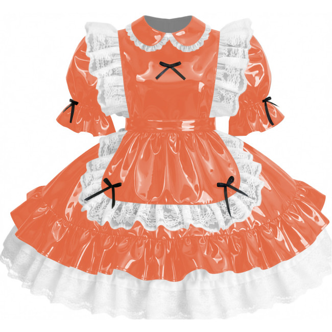 Womens Sissy Ruffles PVC Shiny Leather Maid Mini Dress Outfit Unisex Party Peter Pan Collar Pleated Dress Carnival Fancy Dress